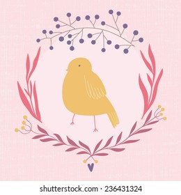Cute vector floral card with bird. Romantic wallpaper with cute bird and floral wreath. Hand drawn wedding invitation.