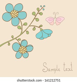 Cute vector floral card. Branch with blue flowers and butterfly. Ideal for celebration card or invitation.