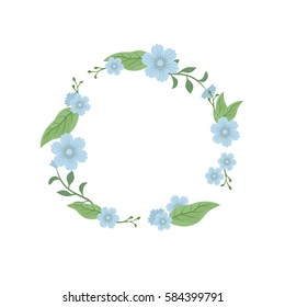 Cute vector floral decorative round frame with green leaves and blue flowers isolated on white background