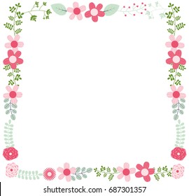 Cute vector floral frame template with pink flowers and green leaves for wedding invitations, greeting cards and other designs