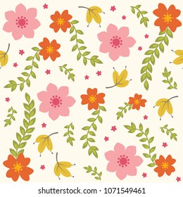 Cute vector floral pattern with colorful flowers and leaves. Spring garden blossom seamless background. 