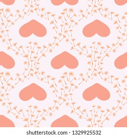 Cute vector floral seamless pattern with simple hand drawn stylized dandelion flower seeds and hearts. Thin lines doodle in pink and orange color. Surface pattern design for fabric, wallpaper, card