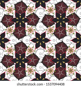 Cute vector floral seamless pattern in the small flower. Seamless hand-drawn texture in white, brown and green colors. Vector illustration.
