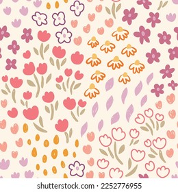 Cute vector floral seamless pattern. Colorful flowers background. Trendy repeat texture for fashion print, wallpaper or fabric.