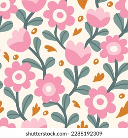 Cute vector floral seamless pattern. Colorful flowers background. Trendy repeat texture for fashion print, wallpaper or fabric.