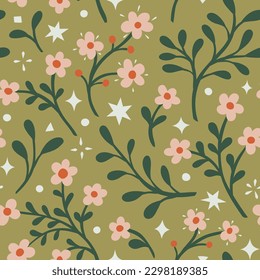 Cute vector floral seamless pattern. Colorful flowers background. Trendy repeat texture for fashion print, wallpaper or fabric.