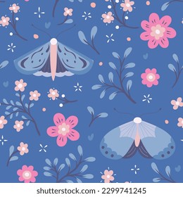 Cute vector floral seamless pattern with butterflies. Colorful flowers background. Trendy repeat texture for fashion print, wallpaper or fabric.