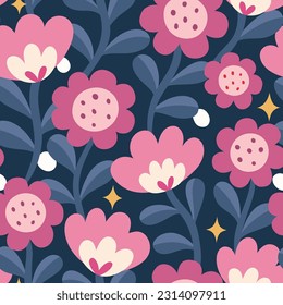 Cute vector floral seamless pattern. Colorful flowers background. Trendy repeat texture for fashion print, wallpaper or fabric.