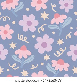 Cute vector floral seamless pattern. Colorful flowers background. Trendy repeat texture for fashion print, wallpaper or fabric.