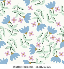 Cute vector floral seamless pattern. Colorful flowers background. Trendy repeat texture for fashion print, wallpaper or fabric.