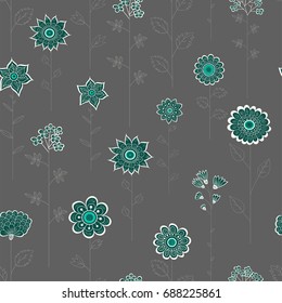 Cute Vector Floral Seamless Pattern. Colorful Cartoon Background with Wild Flowers. Hand drawing flowers, stylized illustration. For textile, greeting cards, wedding invitation, wrapping and printing