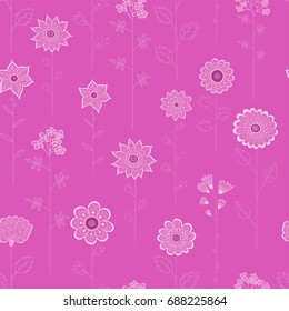 Cute Vector Floral Seamless Pattern. Colorful Cartoon Background with Wild Flowers. Hand drawing flowers, stylized illustration. For textile, greeting cards, wedding invitation, wrapping and printing