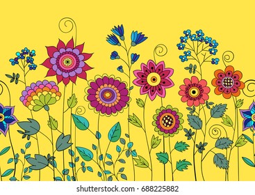 Cute Vector Floral Seamless Pattern. Colorful Cartoon Background with Wild Flowers. Hand drawing flowers, stylized illustration. For textile, greeting cards, wedding invitation, wrapping and printing
