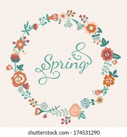 Cute vector floral wreath in retro style. 