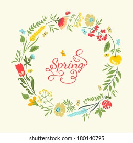 Cute vector floral wreath in retro style. Summer background. Use for wedding invitations, greeting cards.
