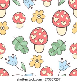 Cute vector flower and mushrooms seamless pattern. Abstract colorful print with mushrooms, flowers and leaves. Scrapbook kids paper