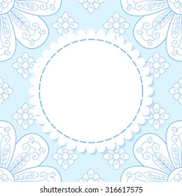 Cute vector  flower photo frame. Baby blue shower card. Scrapbook elements. Vector sweet illustration. Simple greeting card.