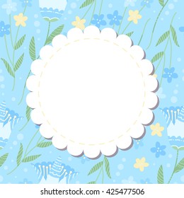 Cute vector flower photo frame. Baby shower blue flower card.