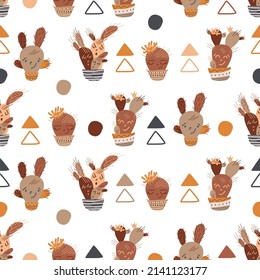 Cute vectoriales florales con caracteres cactus. Patrón de tela sin inconveniente. Las caras alegres están sonriendo. Estilo boho de dibujos a mano de moda. Paleta pastel minimalista. Diseño de textiles para niños.