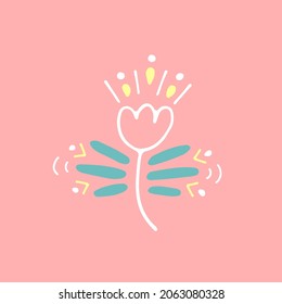 Cute vector flower. White minimalistic outline of a small flower with cartoon petals and stamens on a delicate background. Illustration or print in pleasant pastel shades