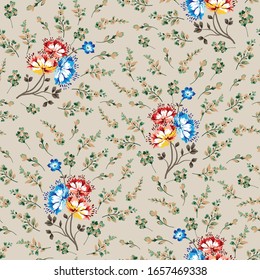 cute vector flowers bunches pattern on green small leaves background