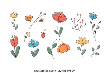 Colección Flores Vectoras Cute. Juego de caricaturas Doodle Blossom. Elementos de diseño de primavera y verano.