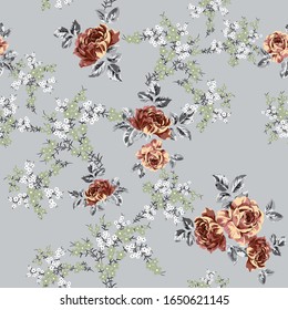 cute vector flowers with leaves pattern on small flower grey background