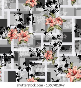 padrão de flores de vetor bonito em fundo de cheques de faixa cinza