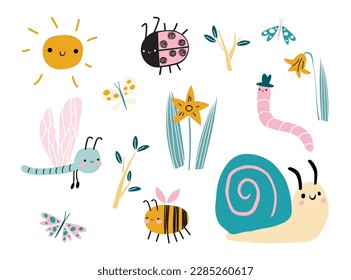 Cute vector flying insects and flowers flat style. Isolated elements of summer flowers and animals: dragonfly, ladybug, bee, worm, snail, butterfly, narcissus, sun and tree branches. Cartoon kawaii 