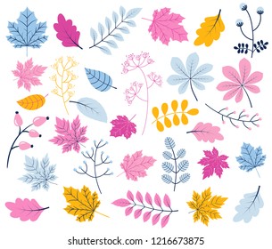 Cute vector foliage collection with tree leaves and plants in different shapes in blue, pink and yellow colors