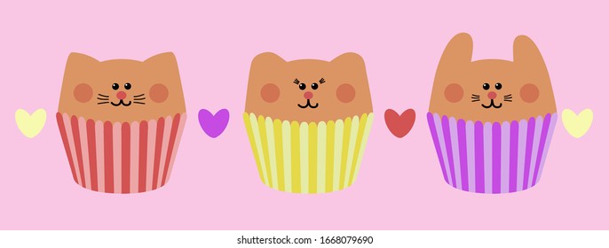 Cute vector food flat illustration. Little cat, bear and rabbit. Beautiful muffins. Pink yellow and purple cakes on pink background with hearts.