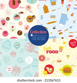 Cute vector food icons with cartoon seamless pattern. Icons of pizza, hamburger, cheeseburger, hot dog, donuts, sandwich, desserts, ice cream, cakes, recipes for restaurants, cafes, on line shop.