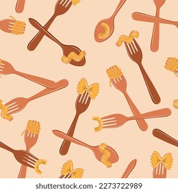 Cute vector fork and spoon with pasta ,spaghetti illustration , noodles seamless pattern ,Design for fashion , fabric, textile, wallpaper, cover, web , wrapping and all prints 