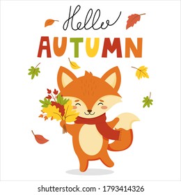Cute vector fox with autumn bouquet of leaves. Autumn design with cute character.