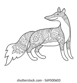 Cute vector fox. Element for coloring book for adults and kids, antistress coloring animal. Hand drawn zentangle vector styled fox. Scrapbook vector element