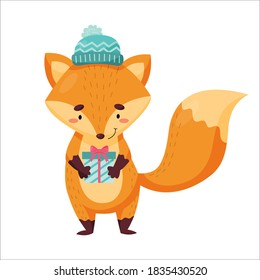 Cute vector fox with a gift and a hat. Christmas design.