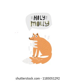 Cute vector fox with phrase holy molly - illustration cut out from actual paper. Scrapbook element. Art poster for nursery or kids room poster.