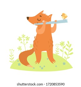 Cute vector fox plays the flute. a bird sits on a pipe. musicians animals. funny cartoon characters