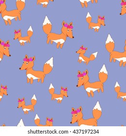 Cute vector fox seamless pattern. Cartoon fox. Cute fox with floral wreath.