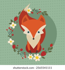 Cute vector fox with strawberry