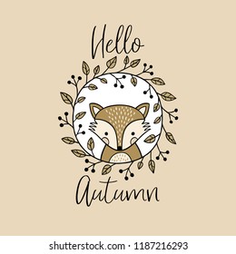 Cute vector fox in wreath. Perfect for tee shirt logo, poster or card design.