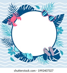 Cute Vector frame with beach accessories in bright color with space for text. Vector illustration.