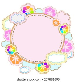 Cute vector frame, circle, with clouds and rainbow flowers. Kawaii pink card illustration. Isolated on white. 