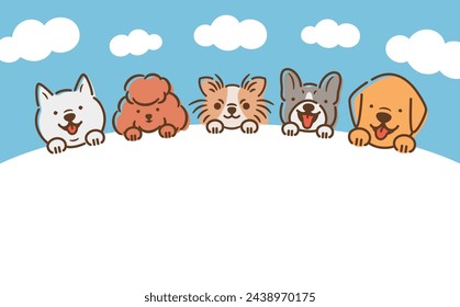 Cute vector frame design with copy space for a headline title of a dog showing its face under a blue sky.