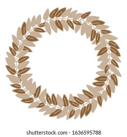 Cute vector frame of leaves on a white background. A beige round wreath is isolated. Border with copyspace. Greeting card, wedding invitation, birthday invitation, postcard. Photo frame