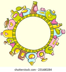 Cute vector frame with perfume bottles. Vector beauty background.