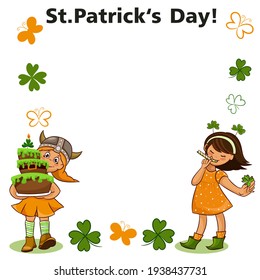 Rótulo vectorial con dos niñas pequeñas que se aferran a la torta y felicitaciones por la mariposa con el Día de St. Patricks