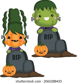 a cute vector of frankenstein and lady frankenstein couple coming out of a grave