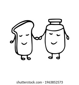 Cute vector friendship clipart with jar and bread toast. Hand drawn doodle illustration best friends. Cartoon clipart for card, bedroom decor, birthday party or textile of apparel.