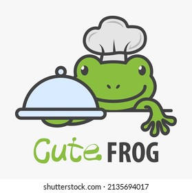 Cute Vector Frog Chef Serving Dish. Funny Toad Logo Or Mascot.